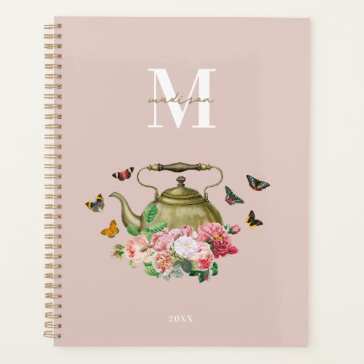 Theepartij Roze Bloemen & Vlinders Monogram Planner (Voorkant)