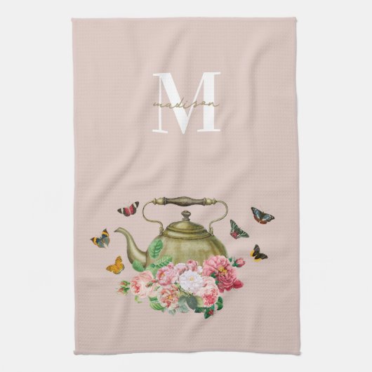 Theepartij Roze Bloemen & Vlinders Monogram Theedoek (Verticaal)