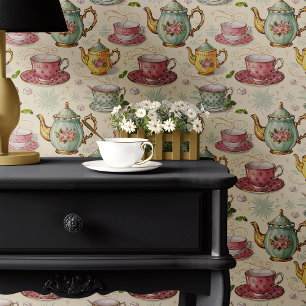 Theepartij theepot en theekop vintage behang
