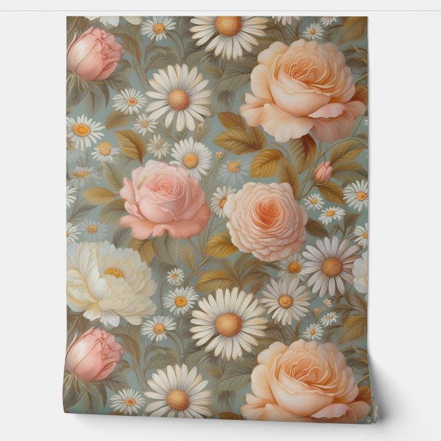  theepatroon en madeliefje roos behang (Afrollen)