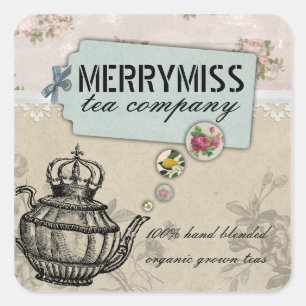  theepot bloembubbel shabby chic tea label