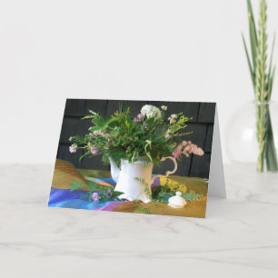  theepot, dus sjaal en wilde bloemen kaart