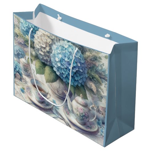 Theepot en Blauwe Hydrangea Gift Bag Groot Cadeauzakje (Voorkant Gekanteld)