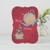 Theepot gieten sneeuwvlokken in theebeker Kerstmis Feestdagenkaart (Staand voorkant)