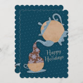 Theepot gieten sneeuwvlokken in theebeker Kerstmis Feestdagenkaart (Voorkant / Achterkant)