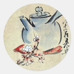 Theepot met kersen- of pruimenbloesem Ukiyoe Ronde Sticker