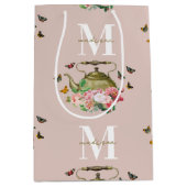 Theepot Party Roze Bloemen & Vlinders Monogram Medium Cadeauzakje (Voorkant)