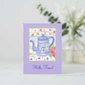 theepot Waterverf Hallo bloemen Briefkaart (Staand voorkant)