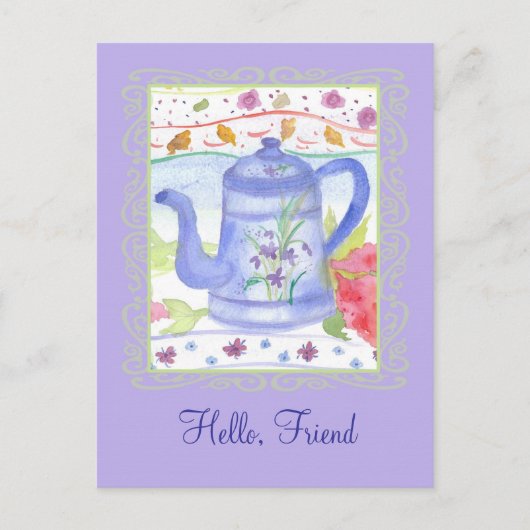 theepot Waterverf Hallo bloemen Briefkaart (Voorkant)