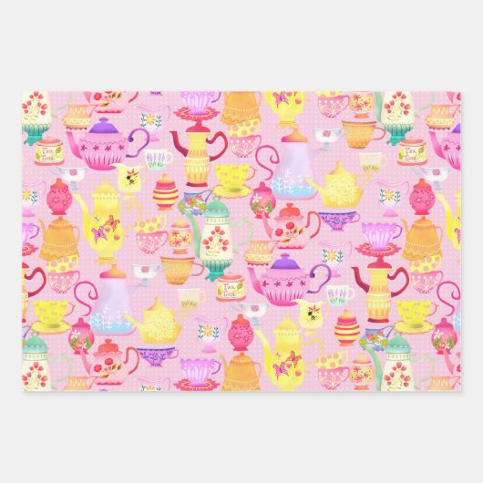 Theepotten en Cups Roze Inpakpapier Vel (Voorkant)