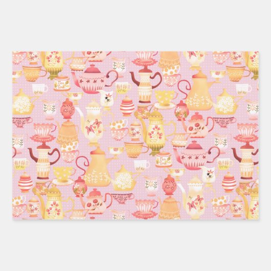 Theepotten en kopjes perzik inpakpapier vel (Voorkant 3)