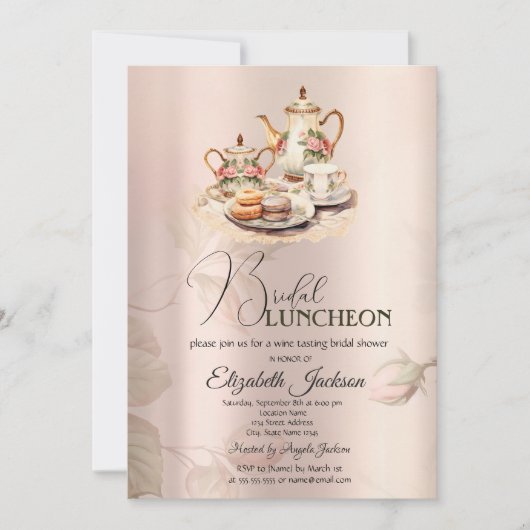 Theeset Chique Rozen Bruids Luncheon Kaart (Voorkant)