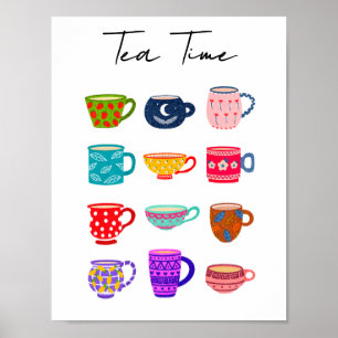 Theetijd Fel Waterverf Kopjes Kleurrijke Keuken Poster