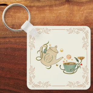 Theetijd, gezellige vintage thee sleutelhanger