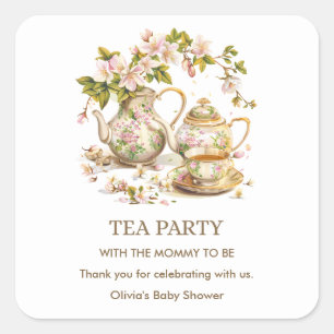 Theetijd met bloemenvase Theepartij Baby Shower Vierkante Sticker