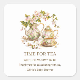 Theetijd met Theepot Baby Shower Vierkante Sticker