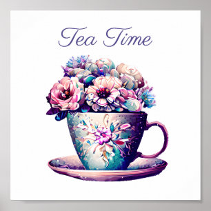 theetijd Tea Cup vol met bloemen Poster