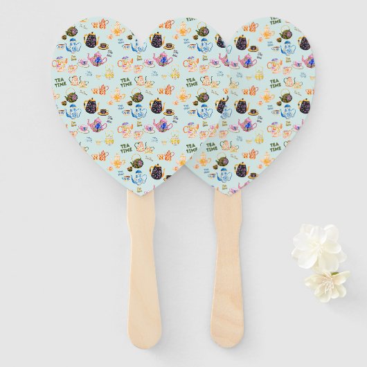 theetijdpatroon - theekopjes en theepot in handwaaier (Voorkant en achterkant)