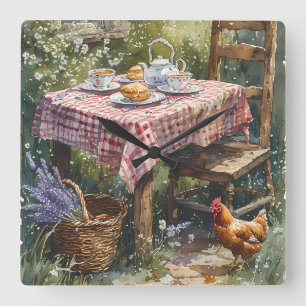 Theetuin Waterverf Ochtend in Cottage Stijl Vierkante Klok