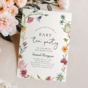 Theevisite met wilde bloemen voor babyfeestje kaart