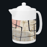 Théière abstraite moderne de la moitié du siècle<br><div class="desc">Cette théière abstraite moderne de la moitié du siècle comporte une reproduction d'un tissu vintage des années 1950. L'arrière - plan est ecru avec des lignes de noir et d'or. Le tissu comporte également des formes grises et roses d'art moderne. C'est un souffle du passé ! C'est la conception parfaite...</div>