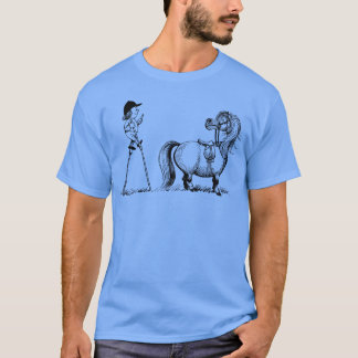 Thelwell Penelope stijgt op paard met Stilits vint T-shirt