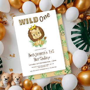 Thema eerste verjaardagsfeestje wilde baby leeuw kaart