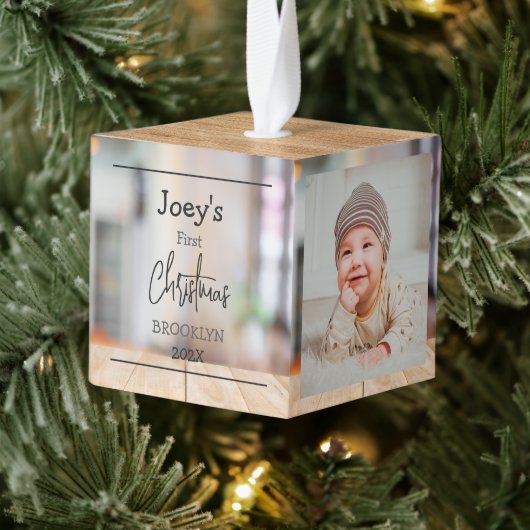 thema hout baby eerste Kerstmis drie Foto Kubus Ornament (Boom)
