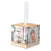 thema hout baby eerste Kerstmis drie Foto Kubus Ornament (Voorkant hoekig)