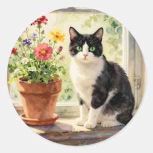 Thema Kat en Bloem Ronde Sticker