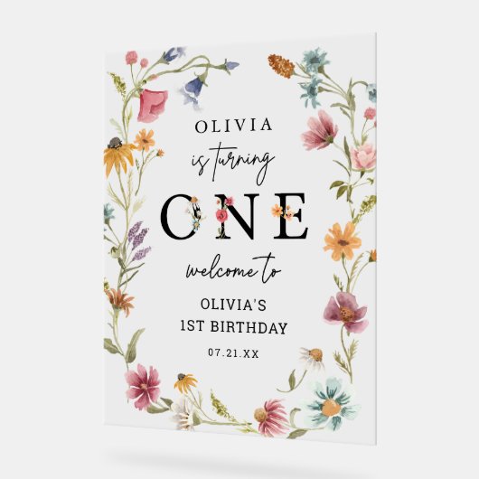 Thema Meisje Wilde Bloem 1e Verjaardag Welkom Acryl Bord (Hoek)