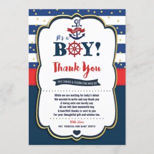Thematische baby shower bedankkaart jongen met mar kaart