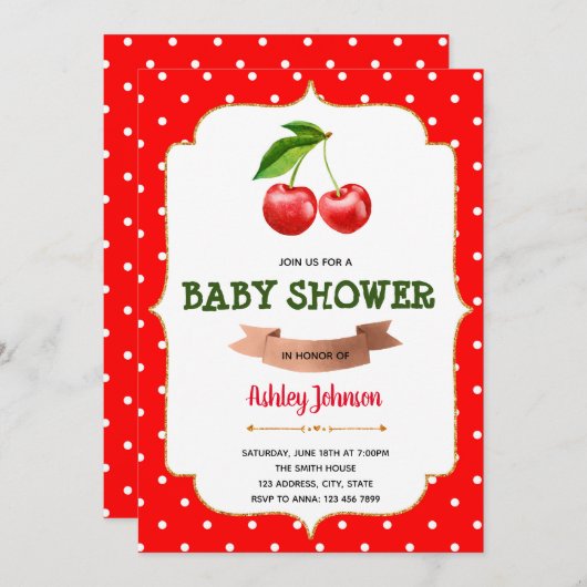Themauitnodiging voor het baby shower Cherry Kaart (Voorkant / Achterkant)
