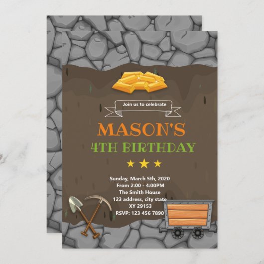 Thème d'anniversaire de la mine d'or Invitation (Devant / Derrière)