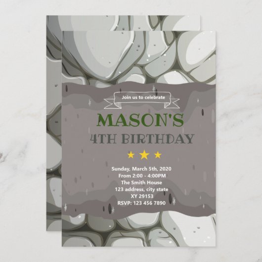 Thème d'anniversaire de pierre rock Invitation (Devant / Derrière)