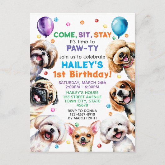 Thème de chien Anniversaire Fête Invitation (Devant)