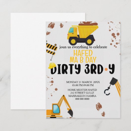 Thème de construction 3ème anniversaire Invitation (Devant / Derrière)