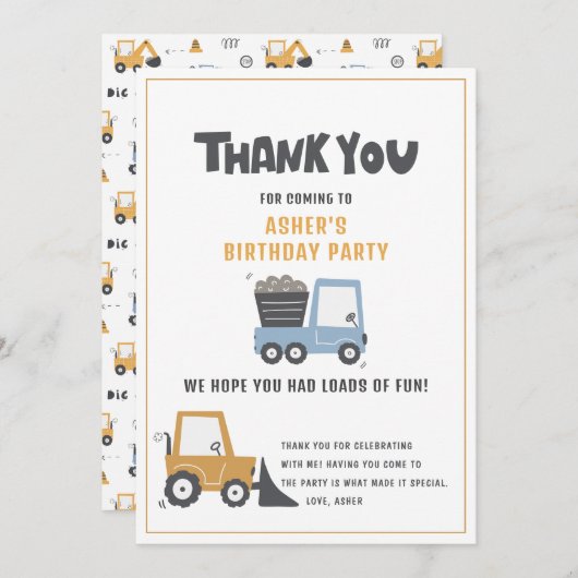 Thème de construction Anniversaire Carte de remerc (Devant / Derrière)