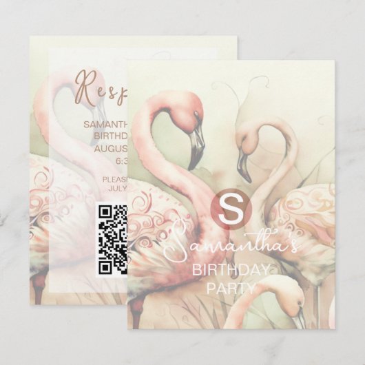 Thème de fête flamant rose, QR Code RSVP (Devant / Derrière)
