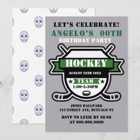 Thème de hockey vert Invitations de la fête d'anni (Devant / Derrière)