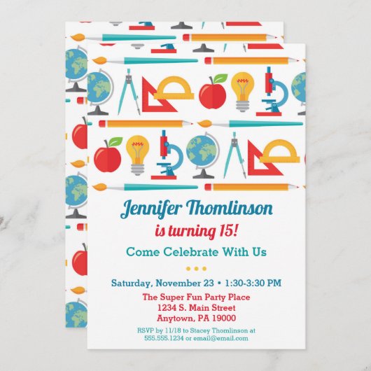 Thème de l'école Anniversaire Invitation Enseignan (Devant / Derrière)