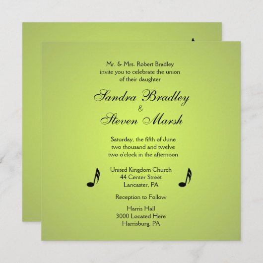 Thème de musique Faire-part de mariage vert (Devant / Derrière)