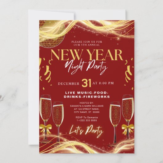 Thème de Nouvel An Gold & Red Party Invitation (Devant)