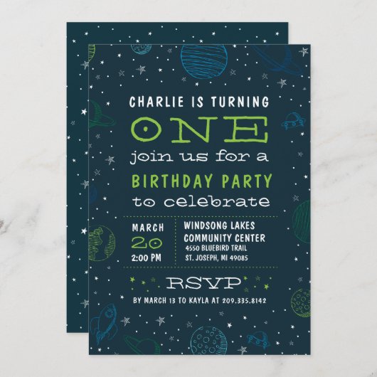 Thème Espace Extérieur Invitation de fête d'annive (Devant / Derrière)