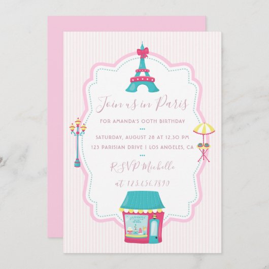 Thème Fille Pink Paris Invitation fête d'anniversa (Devant / Derrière)