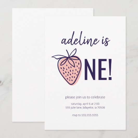 Thème fraise Premier anniversaire Invitations de f (Devant / Derrière)