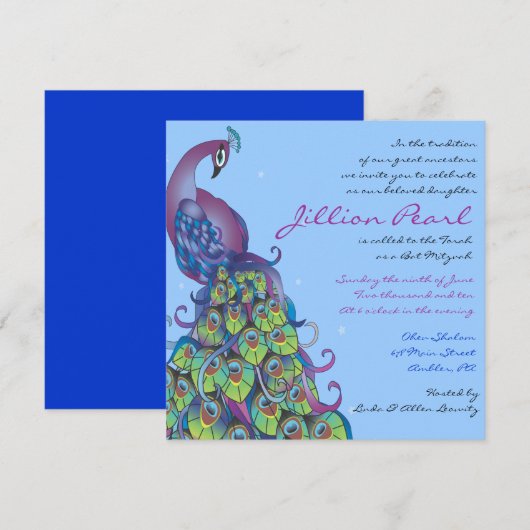 Thème Peacock Bat mitzvah Invitation Invitation bl (Devant / Derrière)