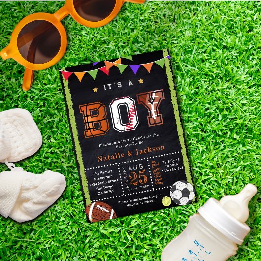 Thème Sport Chalkboard Baby Boy Shower Invitation