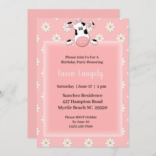 Thème Vache Invitation Anniversaire de enfant (Devant / Derrière)