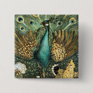 Theo Van Hoytema  Peacock Open Wings Peafow Vierkante Button 5,1 Cm